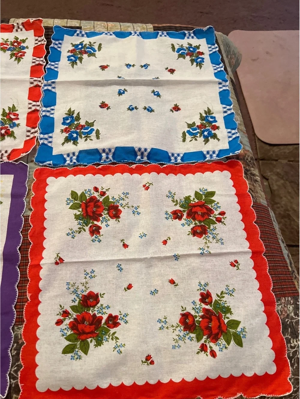 Vintage Floral Cotton Handkerchiefs Set of 6 with Scalloped Edges
